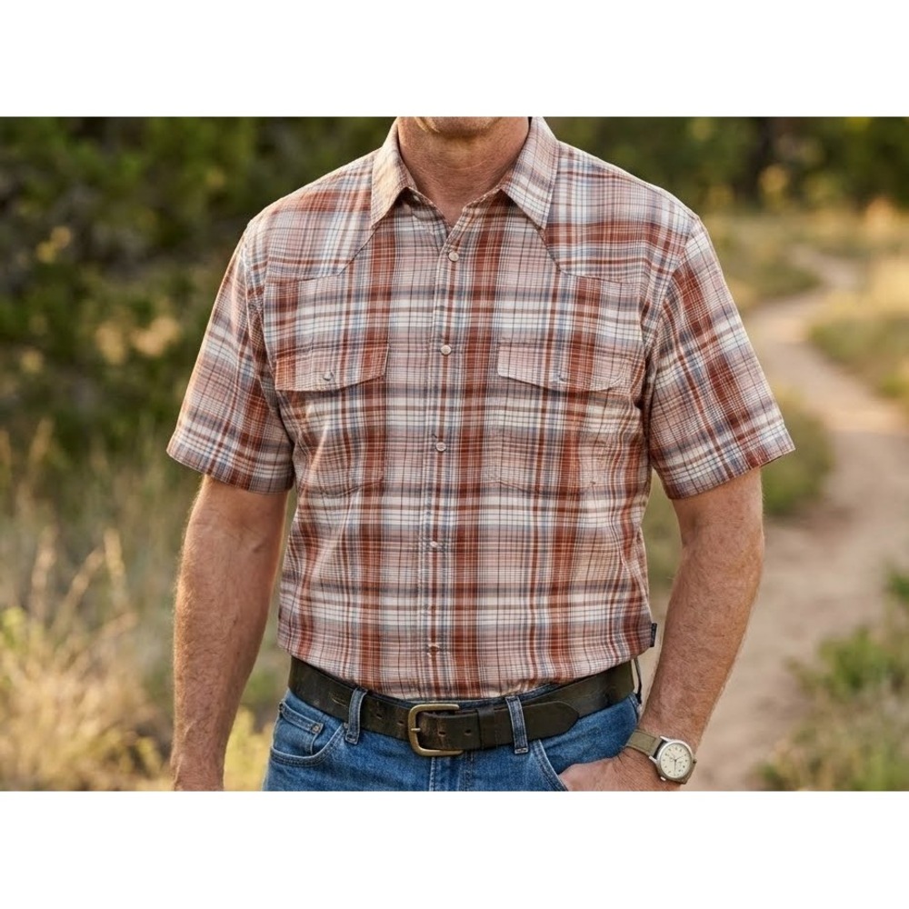 Patagonia Men's Bandito Short Sleeve Plaid Western Snap Shirt Brown Cream L